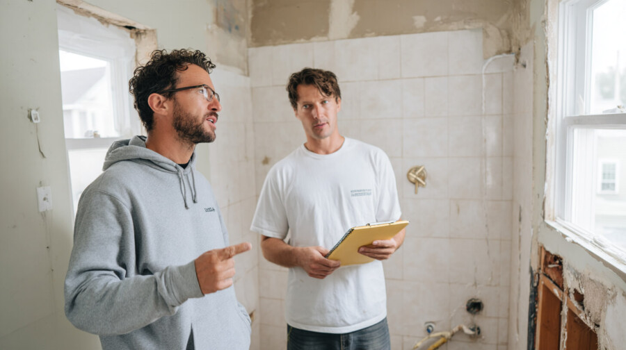 Twee mannen overleggen in een badkamer in renovatie, waarbij een van hen met een notitieblok aantekeningen maakt tijdens de bouwbegroting