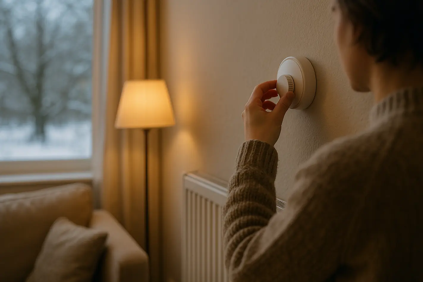Persoon stelt thermostaat in om energiekosten te verlagen