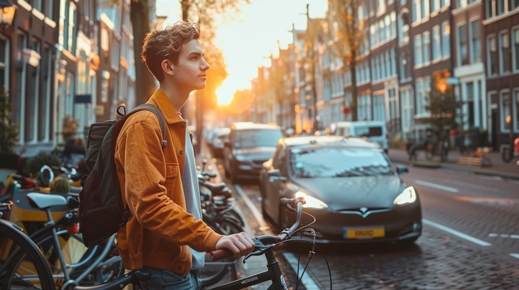Jongvolwassene met fiets in stadsverkeer als voorbeeld van investeren in extra mobiliteit.