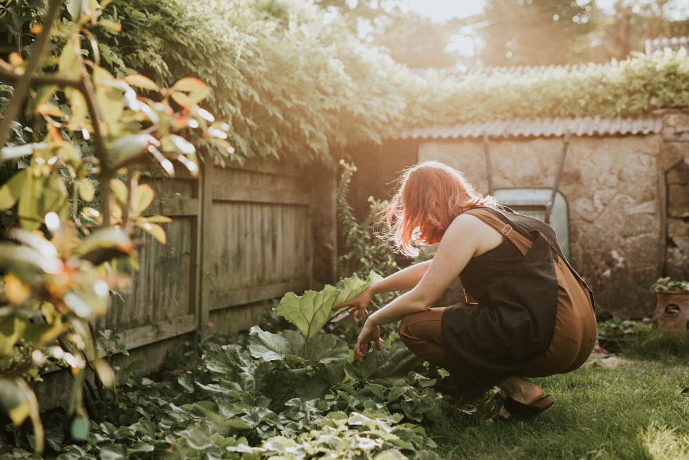 een vrouw die in de tuin werkt