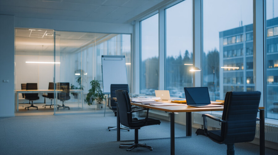 Lege kantoorruimte in de avondschemering met een vergadertafel, laptops en een glazen vergaderruimte op de achtergrond