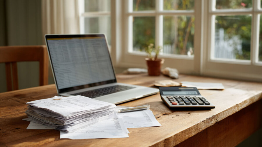 Laptop met spreadsheet, een stapel facturen en een rekenmachine op een houten tafel tijdens het bijhouden van de verbouwingskosten