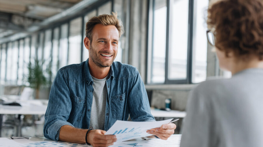 Glimlachende marketingconsultant bespreekt een grafiek met een klant tijdens een adviesgesprek op kantoor