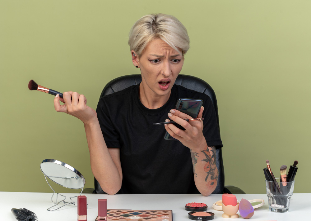 vrouw kijkt met een verbaasde blik naar haar telefoon