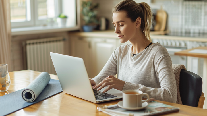 Vrouw vergelijkt thuis de kosten van postpartum yoga met een yogamat naast haar laptop.