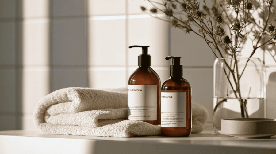 twee flessen shampoo die in een badkamer staan