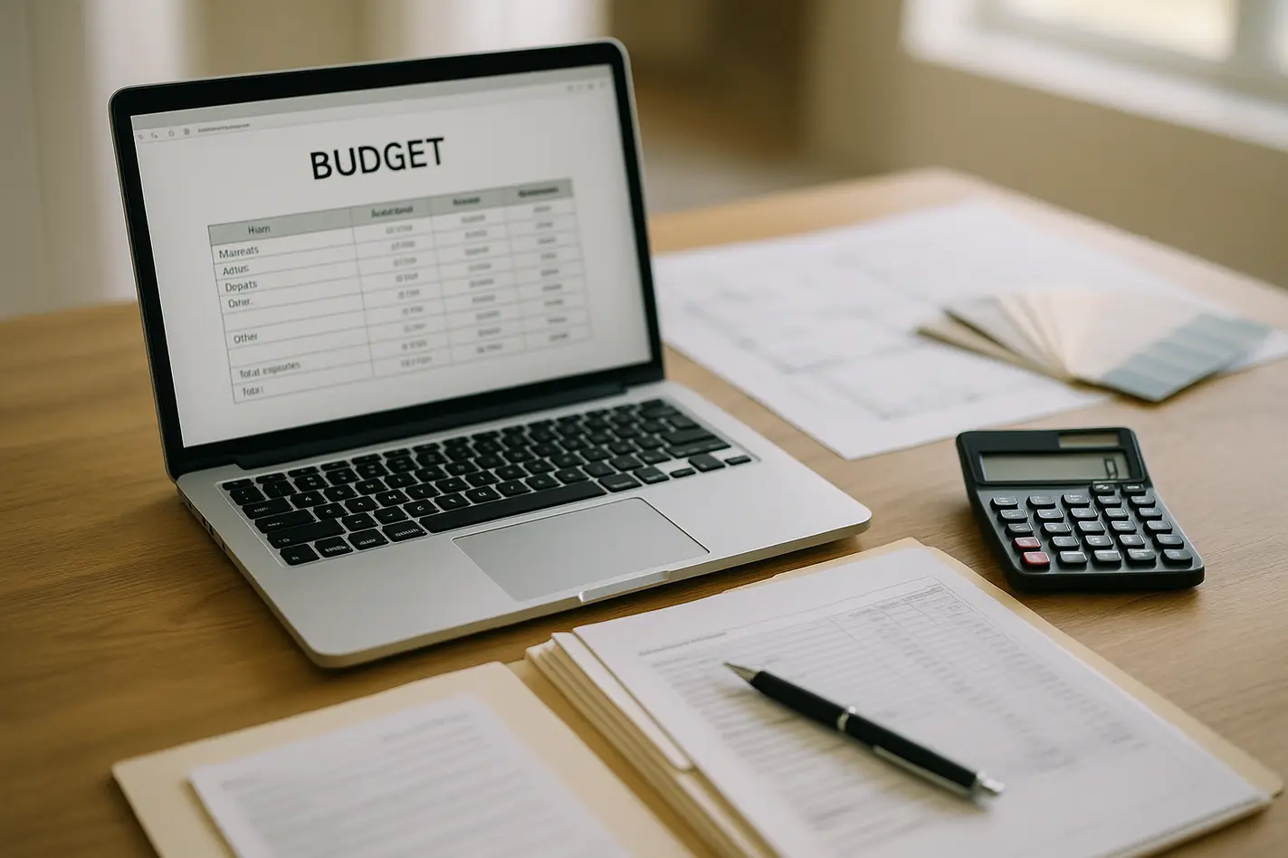 Verbouwing budget beheren met spreadsheet, calculator en renovatieplannen op bureau