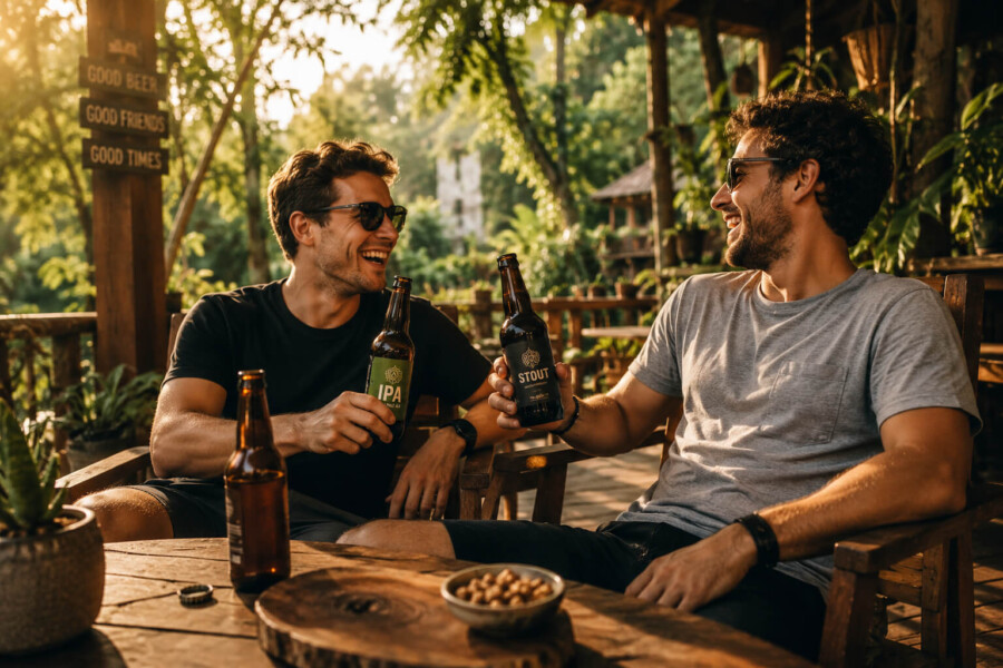 Vrienden genieten buiten van speciaalbier met een ipa bierpakket tijdens een ontspannen proefmoment